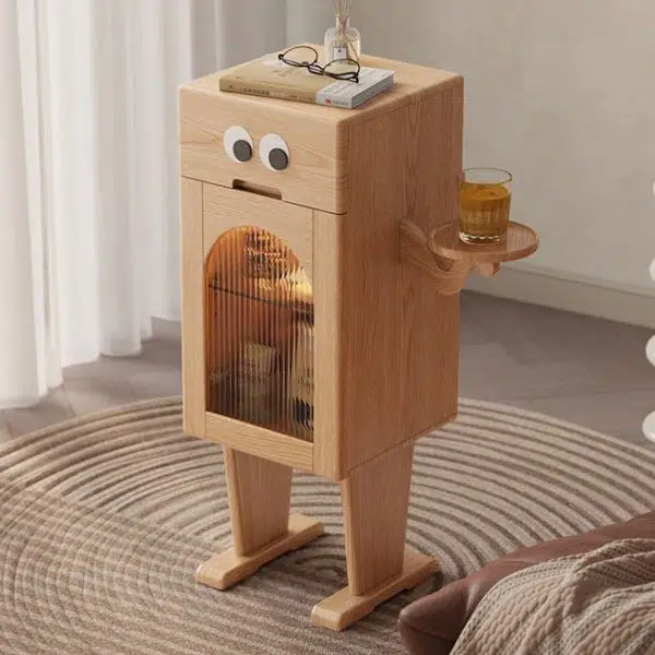 Contemporary Creative Robot Square Rubberwood Glass Metal Nightstand 1-Cabinet For Bedroom - Image 12