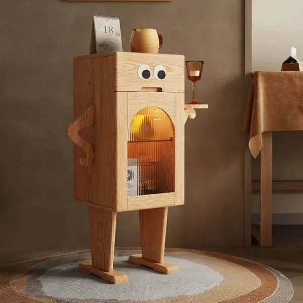 Contemporary Creative Robot Square Rubberwood Glass Metal Nightstand 1-Cabinet For Bedroom - Image 13