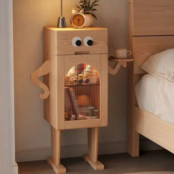 Contemporary Creative Robot Square Rubberwood Glass Metal Nightstand 1-Cabinet For Bedroom - Image 14