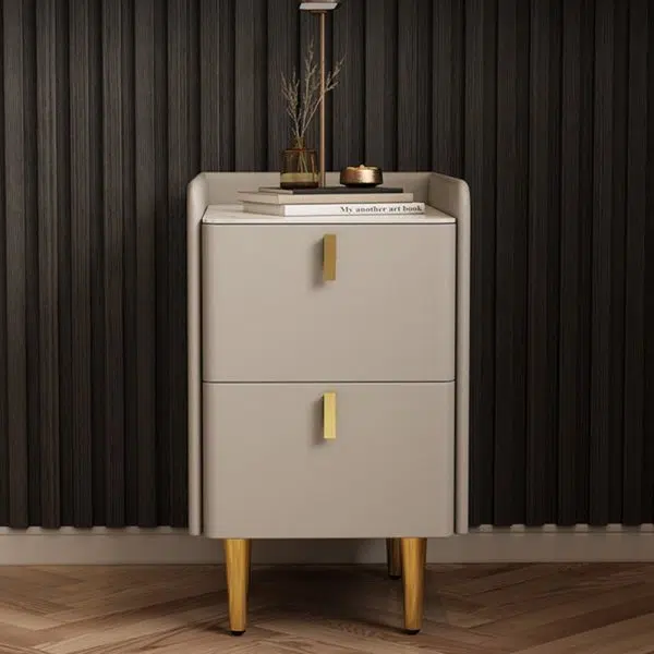 Contemporary Nordic Rectangular Microfiber Leather Solid Wood Carbon Steel Nightstand 2-Drawer For Bedroom - Image 10