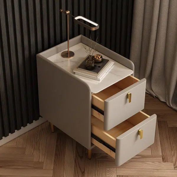 Contemporary Nordic Rectangular Microfiber Leather Solid Wood Carbon Steel Nightstand 2-Drawer For Bedroom - Image 9