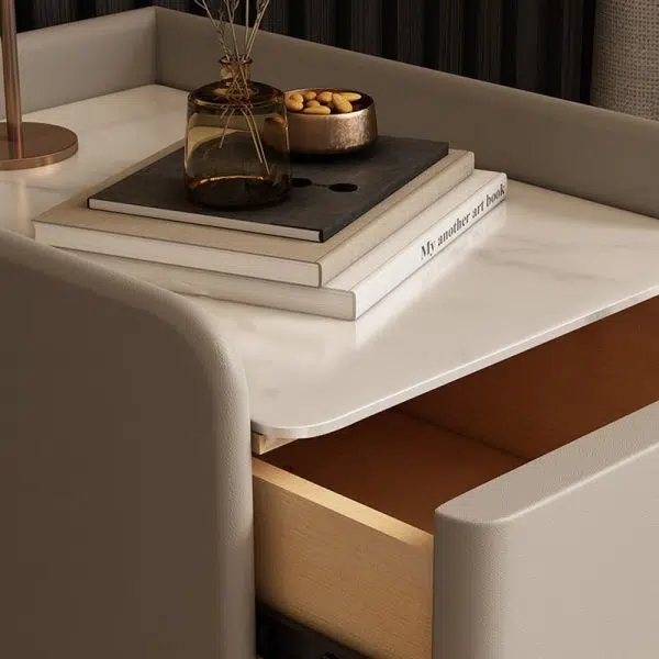 Contemporary Nordic Rectangular Microfiber Leather Solid Wood Carbon Steel Nightstand 2-Drawer For Bedroom - Image 7