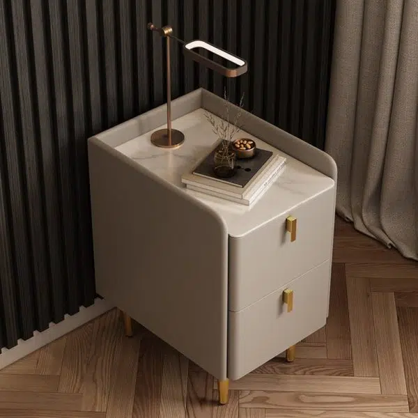 Contemporary Nordic Rectangular Microfiber Leather Solid Wood Carbon Steel Nightstand 2-Drawer For Bedroom - Image 3