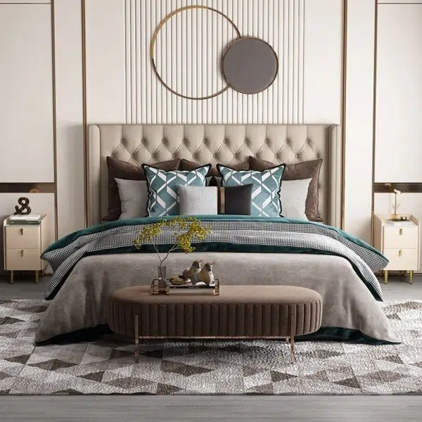 Contemporary Nordic Rectangular Microfiber Leather Solid Wood Carbon Steel Nightstand 2-Drawer For Bedroom - Image 2