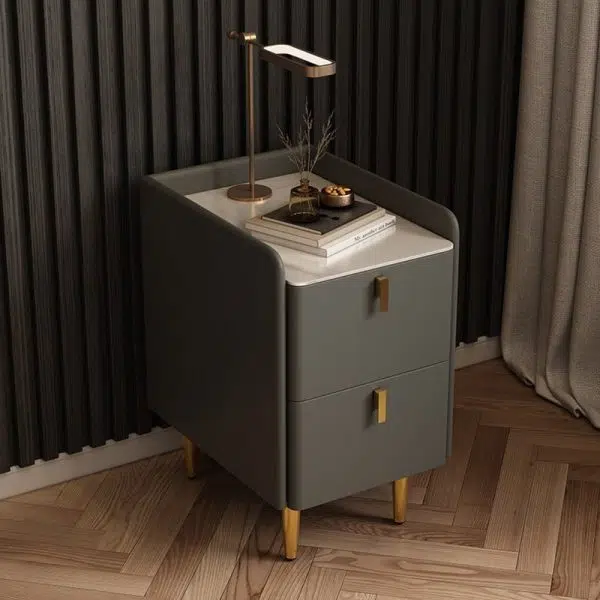 Contemporary Nordic Rectangular Microfiber Leather Solid Wood Carbon Steel Nightstand 2-Drawer For Bedroom - Image 13