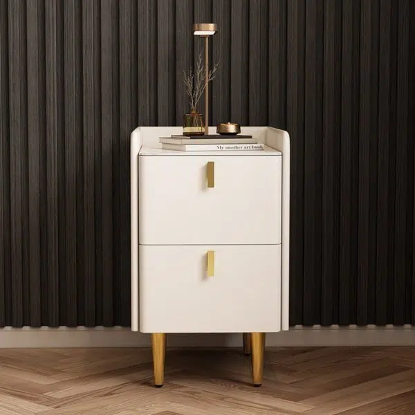 Contemporary Nordic Rectangular Microfiber Leather Solid Wood Carbon Steel Nightstand 2-Drawer For Bedroom - Image 14