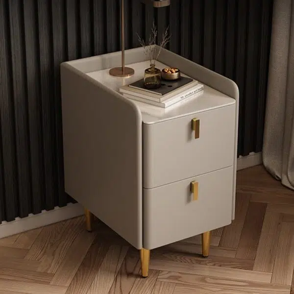 Contemporary Nordic Rectangular Microfiber Leather Solid Wood Carbon Steel Nightstand 2-Drawer For Bedroom - Image 21