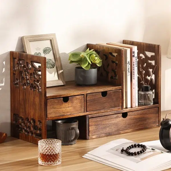 Traditional Vintage Rectangular Teak Bookshelf 4-Drawer For Home Office - Image 12