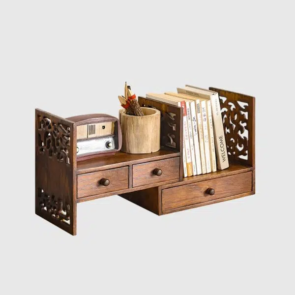 Traditional Vintage Rectangular Teak Bookshelf 4-Drawer For Home Office - Image 18