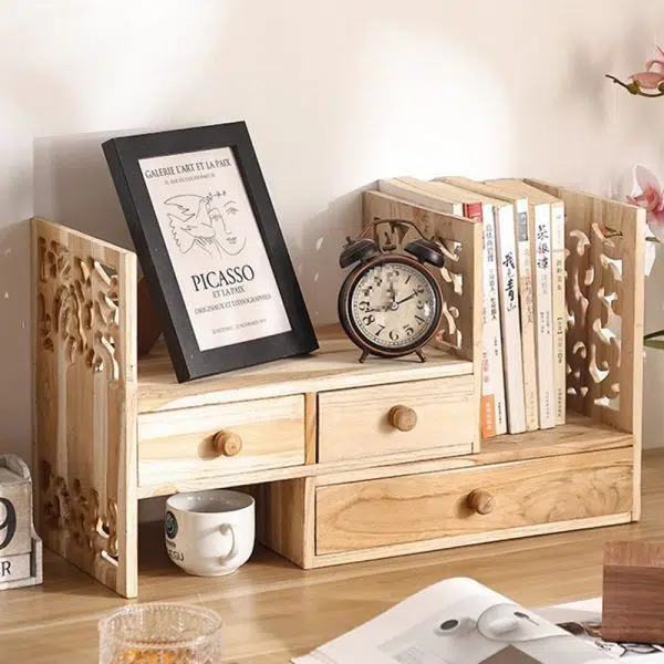 Traditional Vintage Rectangular Teak Bookshelf 4-Drawer For Home Office - Image 13