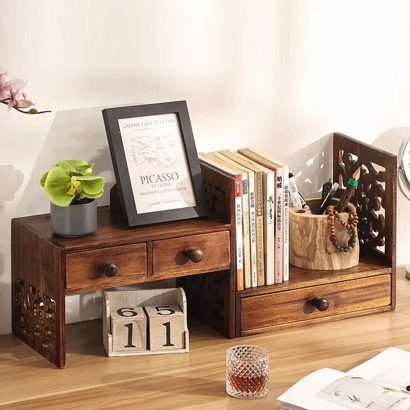 DFM-Table-FP00422-2-1.jpg Traditional Vintage Rectangular Teak Bookshelf 4-Drawer For Home Office - Image 1
