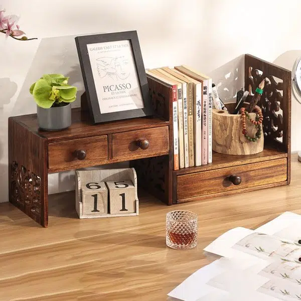 Traditional Vintage Rectangular Teak Bookshelf 4-Drawer For Home Office - Image 16