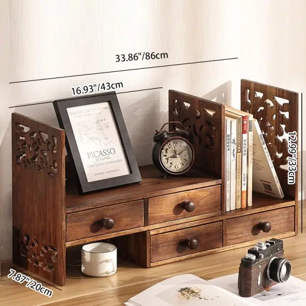 Traditional Vintage Rectangular Teak Bookshelf 4-Drawer For Home Office - Image 4