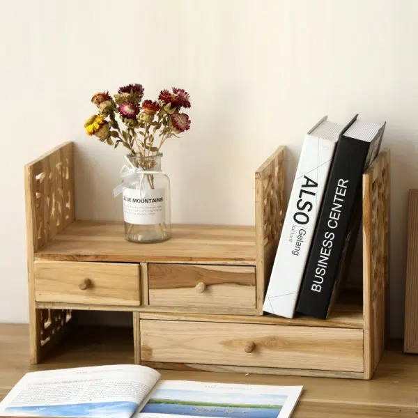 Traditional Vintage Rectangular Teak Bookshelf 4-Drawer For Home Office - Image 3