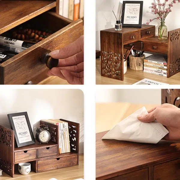 Traditional Vintage Rectangular Teak Bookshelf 4-Drawer For Home Office - Image 7