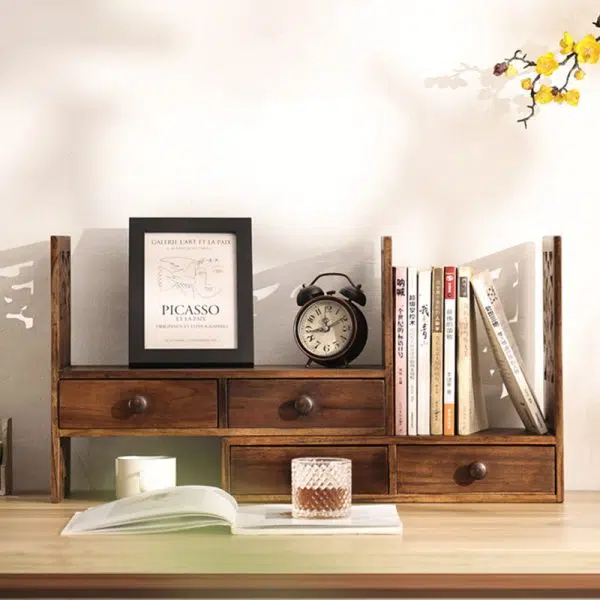 Traditional Vintage Rectangular Teak Bookshelf 4-Drawer For Home Office - Image 10