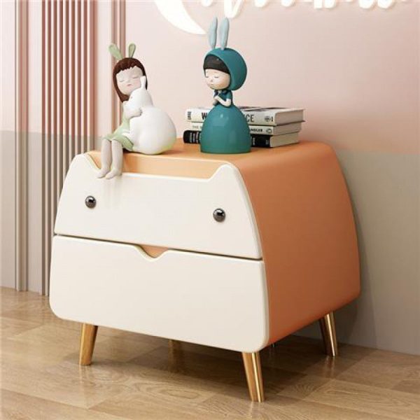 Contemporary Creative Kids Cartoon Cat Solid Wood Carbon Steel Microfiber Leather Nightstand 2-Drawer For Bedroom - Image 2