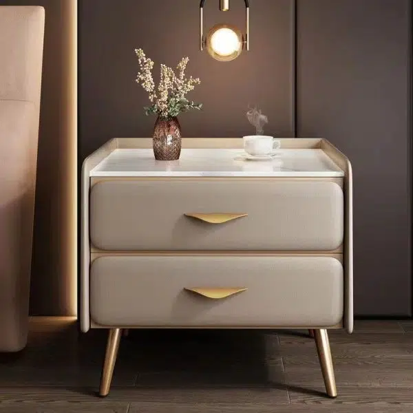 Contemporary Coastal Rectangular Rock Slab Solid Wood Metal Nightstand 2-Drawer For Bedroom - Image 2