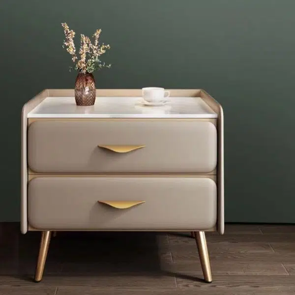 Contemporary Coastal Rectangular Rock Slab Solid Wood Metal Nightstand 2-Drawer For Bedroom - Image 7