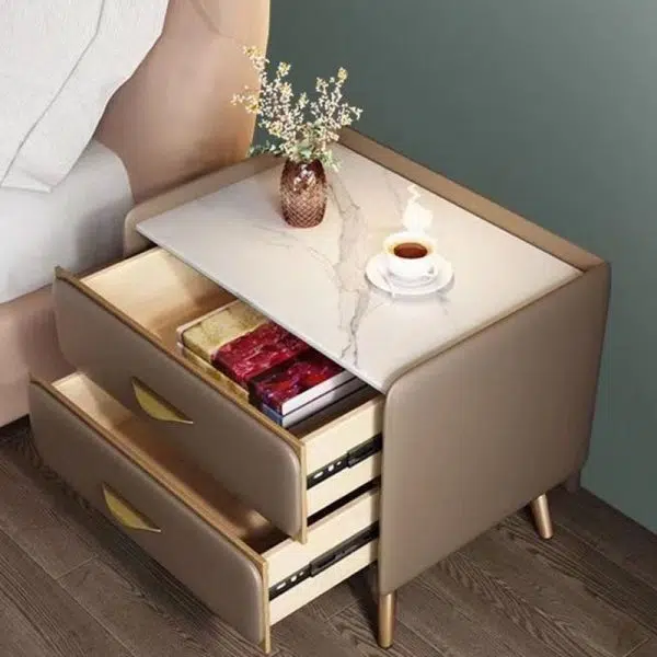 Contemporary Coastal Rectangular Rock Slab Solid Wood Metal Nightstand 2-Drawer For Bedroom - Image 5