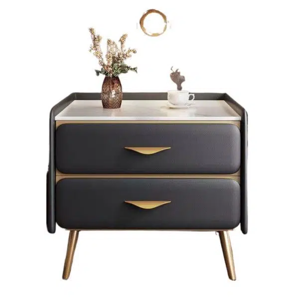 Contemporary Coastal Rectangular Rock Slab Solid Wood Metal Nightstand 2-Drawer For Bedroom - Image 9