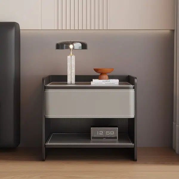 Contemporary Coastal Rectangular Solid Wood Saddle Leather Nightstand 1-Drawer For Bedroom - Image 18