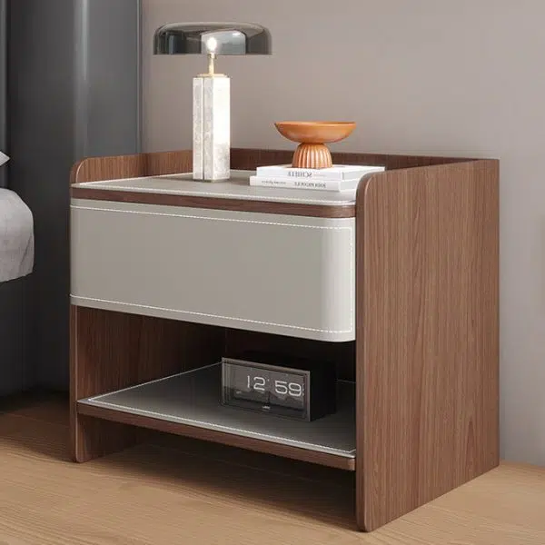 Contemporary Coastal Rectangular Solid Wood Saddle Leather Nightstand 1-Drawer For Bedroom - Image 2
