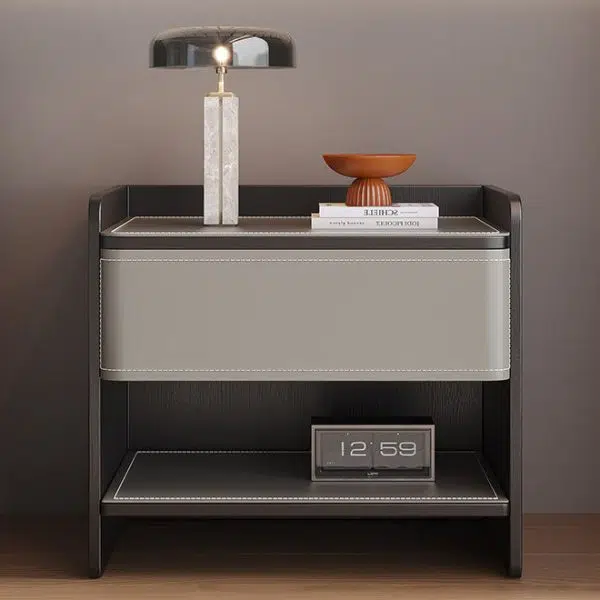 Contemporary Coastal Rectangular Solid Wood Saddle Leather Nightstand 1-Drawer For Bedroom - Image 3