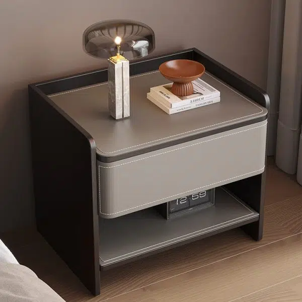 Contemporary Coastal Rectangular Solid Wood Saddle Leather Nightstand 1-Drawer For Bedroom - Image 9