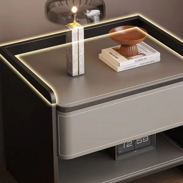 Contemporary Coastal Rectangular Solid Wood Saddle Leather Nightstand 1-Drawer For Bedroom - Image 8