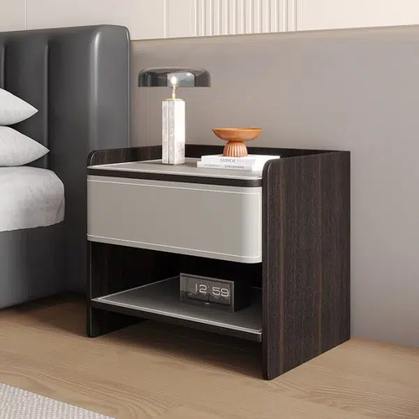 Contemporary Coastal Rectangular Solid Wood Saddle Leather Nightstand 1-Drawer For Bedroom - Image 12