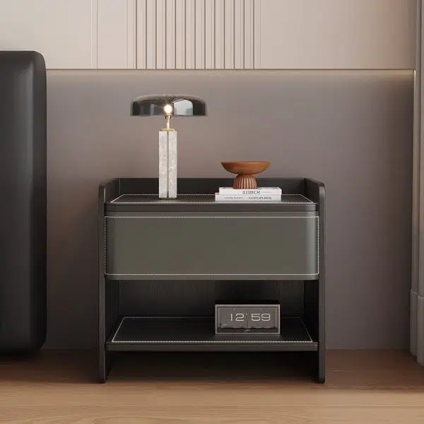 Contemporary Coastal Rectangular Solid Wood Saddle Leather Nightstand 1-Drawer For Bedroom - Image 20