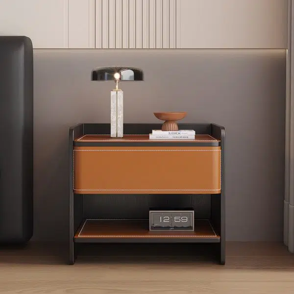 Contemporary Coastal Rectangular Solid Wood Saddle Leather Nightstand 1-Drawer For Bedroom - Image 21