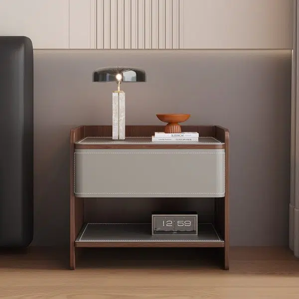 Contemporary Coastal Rectangular Solid Wood Saddle Leather Nightstand 1-Drawer For Bedroom - Image 22