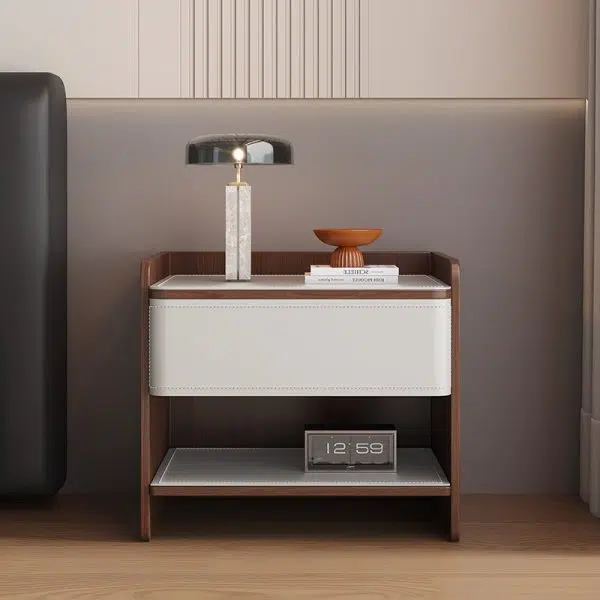Contemporary Coastal Rectangular Solid Wood Saddle Leather Nightstand 1-Drawer For Bedroom - Image 23