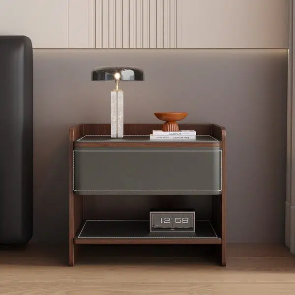 Contemporary Coastal Rectangular Solid Wood Saddle Leather Nightstand 1-Drawer For Bedroom - Image 24