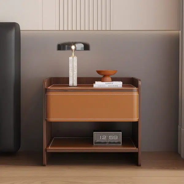Contemporary Coastal Rectangular Solid Wood Saddle Leather Nightstand 1-Drawer For Bedroom - Image 25