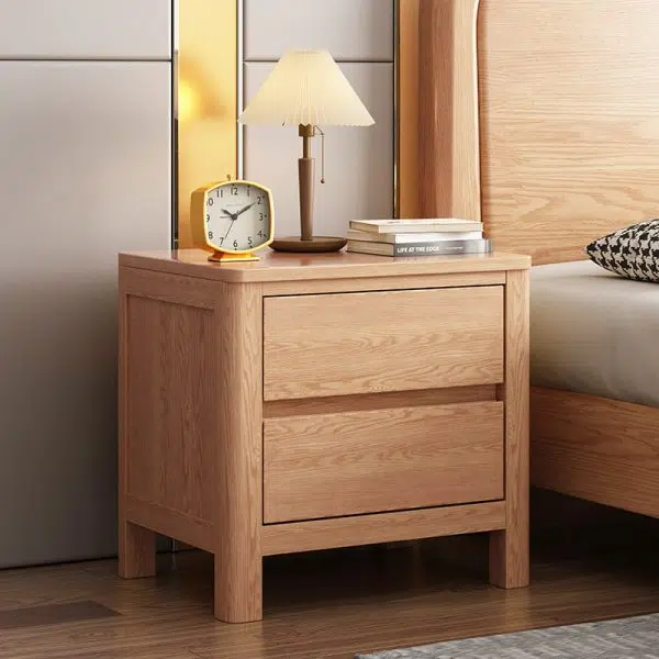 Contemporary Scandinavian Rectangular Tabletop Oak Wood Nightstand 2-Drawer For Bedroom