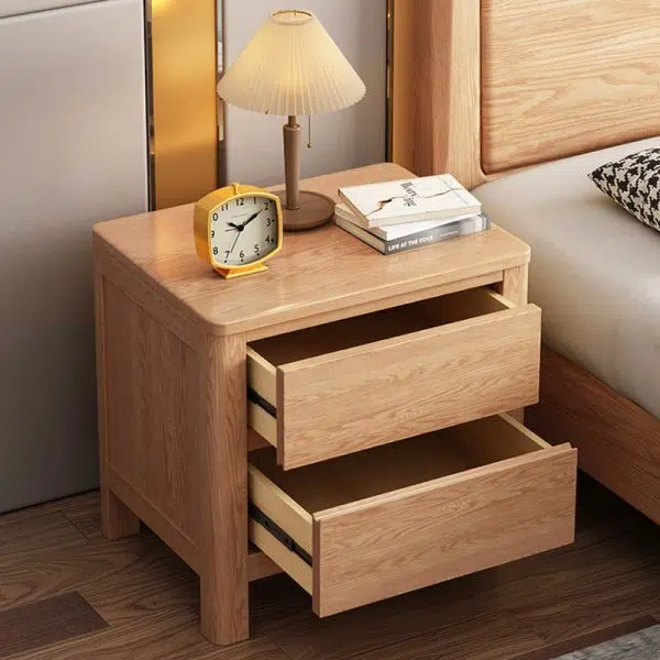 Contemporary Scandinavian Rectangular Tabletop Oak Wood Nightstand 2-Drawer For Bedroom - Image 12
