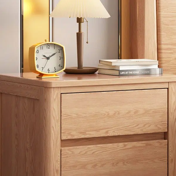 Contemporary Scandinavian Rectangular Tabletop Oak Wood Nightstand 2-Drawer For Bedroom - Image 5