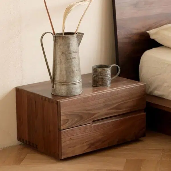 Contemporary Scandinavian Rectangular Desktop Solid Wood Nightstand With Labor-Saving Pulls 2-Drawer For Bedroom