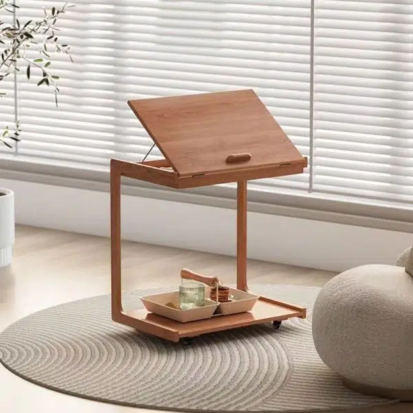 Contemporary Creative U-Shape Square Removable Tiltable Solid Wood End Table 2-Tiers For Living Room - Image 2