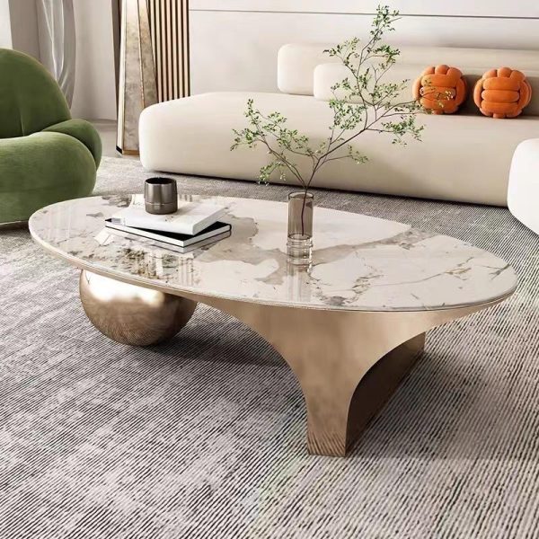 Contemporary Creative Oval Round Ball Marble Metal End Table 1-Tier For Living Room - Image 2