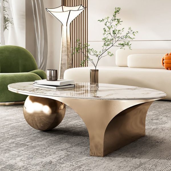 Contemporary Creative Oval Round Ball Marble Metal End Table 1-Tier For Living Room - Image 8