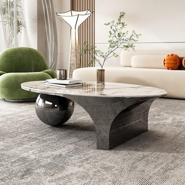 Contemporary Creative Oval Round Ball Marble Metal End Table 1-Tier For Living Room - Image 3
