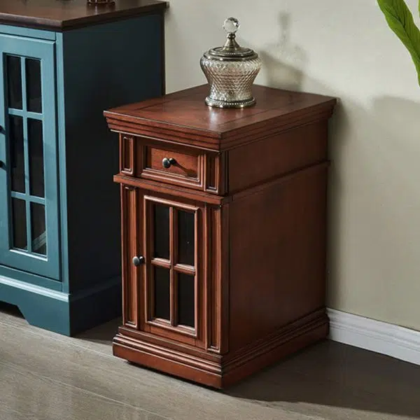 Contemporary Retro Rectangular Rubber Wood Fiberboard Metal Side Table 1-Drawer Cabinet For Bedroom - Image 4