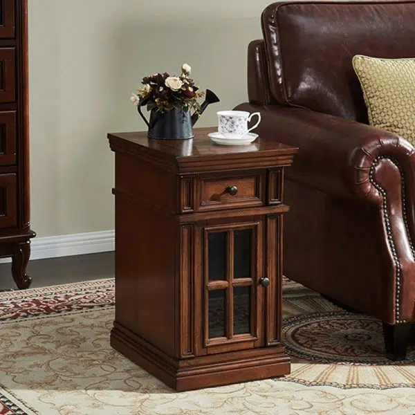 Contemporary Retro Rectangular Rubber Wood Fiberboard Metal Side Table 1-Drawer Cabinet For Bedroom - Image 2