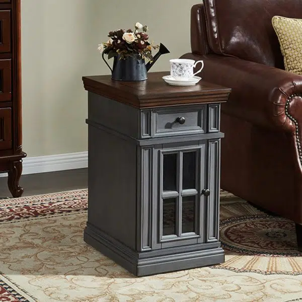 Contemporary Retro Rectangular Rubber Wood Fiberboard Metal Side Table 1-Drawer Cabinet For Bedroom - Image 3