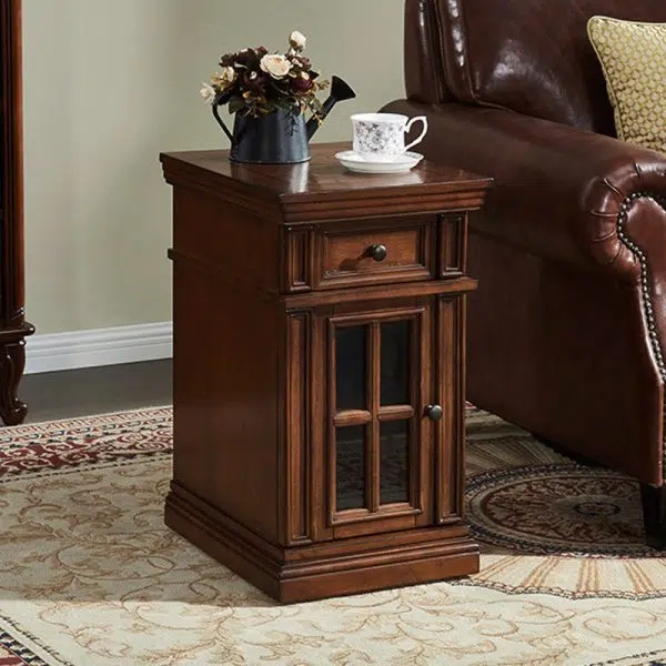 Contemporary Retro Rectangular Rubber Wood Fiberboard Metal Side Table 1-Drawer Cabinet For Bedroom - Image 14