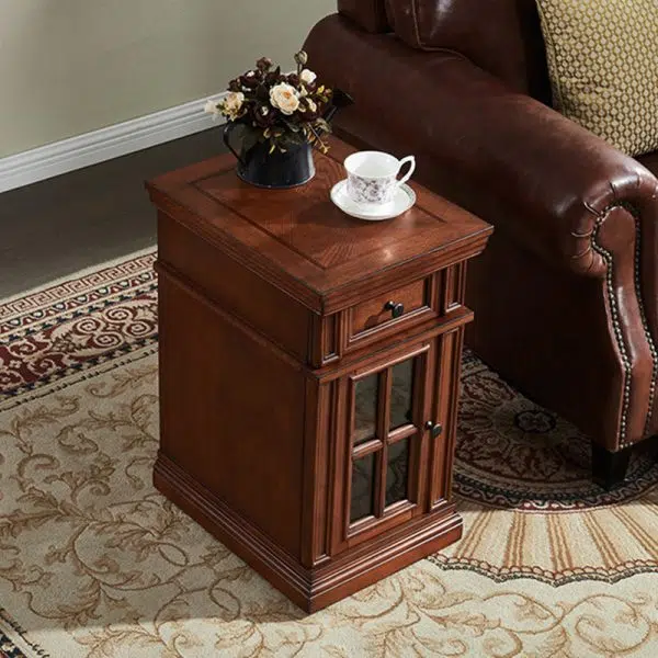 Contemporary Retro Rectangular Rubber Wood Fiberboard Metal Side Table 1-Drawer Cabinet For Bedroom - Image 15